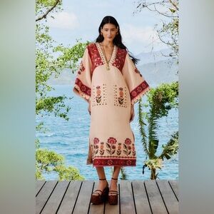 FARM RIO Nature Embroidered Cream V Neckline Tunic Maxi Dress
